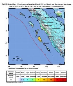 Gempa Bumi M 7,3 Kepulauan Mentawai Dirasakan di Tujuh Kota/Kabupaten